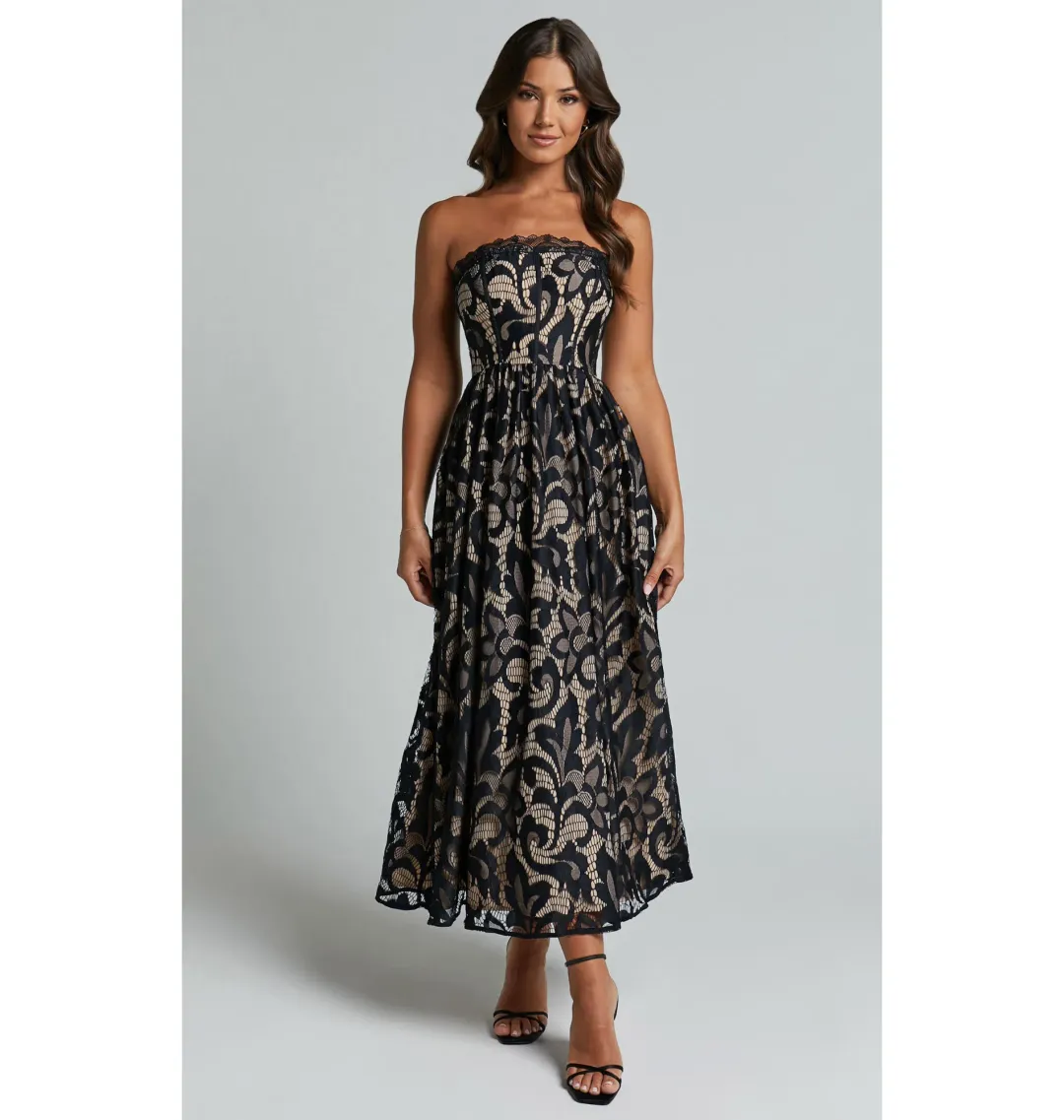 Sheike Madeleine Strapless Lace Scallop Hem Midi Dress in Black Size AU 8 for rent on The Volte - main image