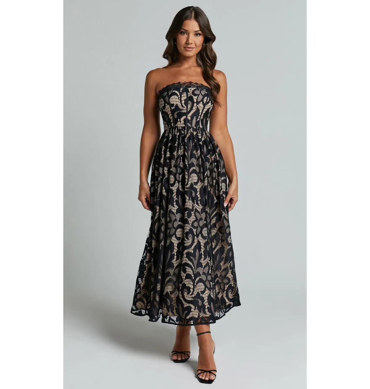 Sheike Madeleine Strapless Lace Scallop Hem Midi Dress in Black Size AU 8 - Image 1