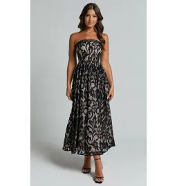 Sheike Madeleine Strapless Lace Scallop Hem Midi Dress in Black Size AU 8 for rent on The Volte - image 1