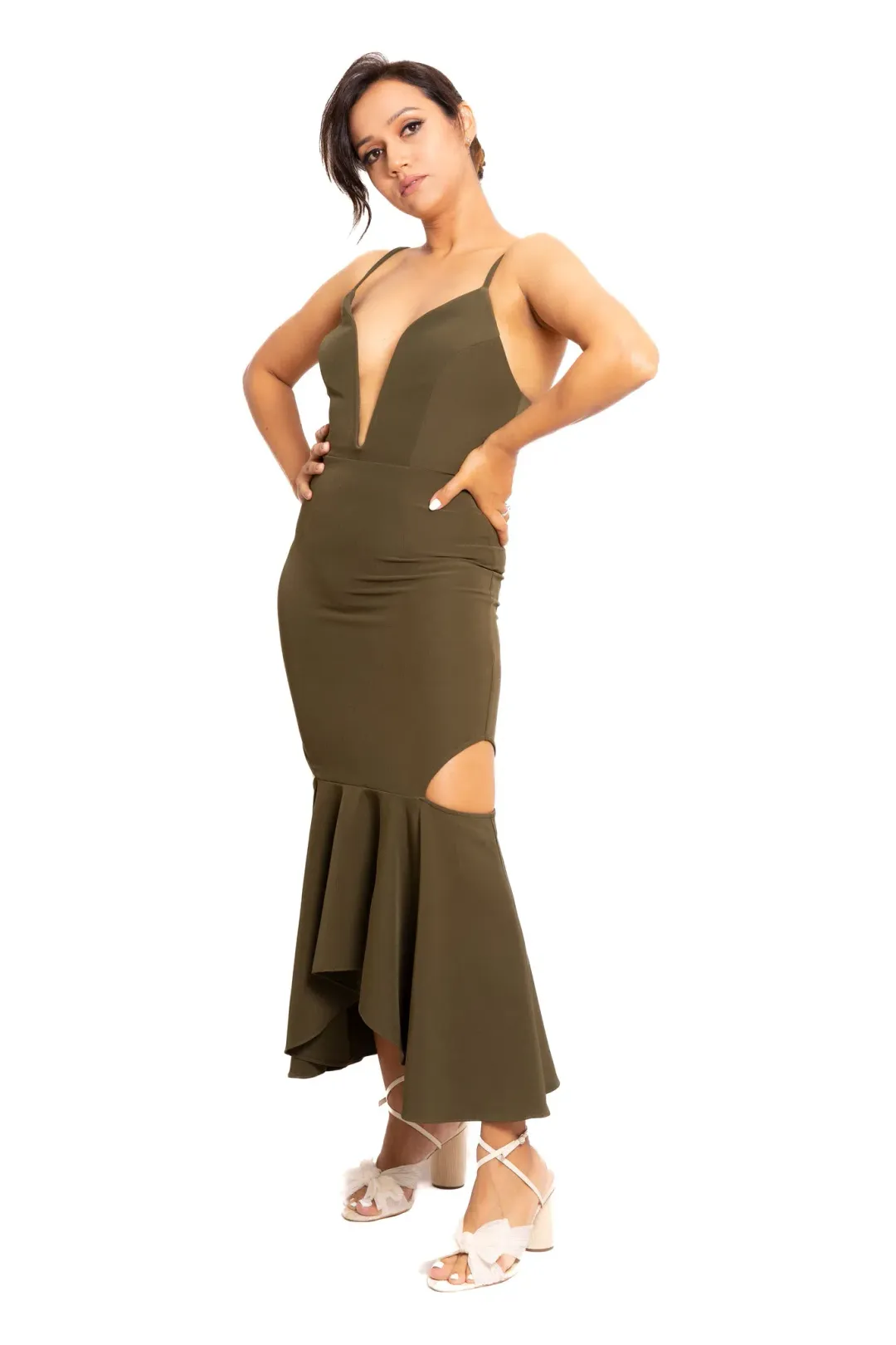 Shona Joy Cruz Plunge Midi Dress Khaki Size 8 for rent on The Volte - main image