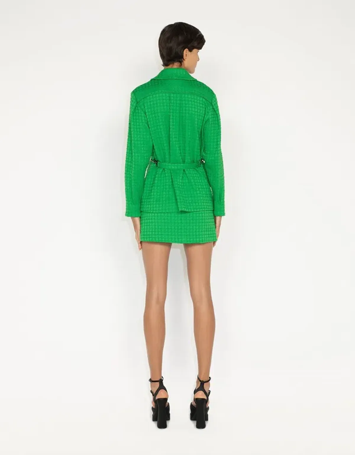 Cue Houndstooth Tweed Shirt Jacket Blazer Size 8 and Mini Skirt Size 10 Set Apple Green - Image 3