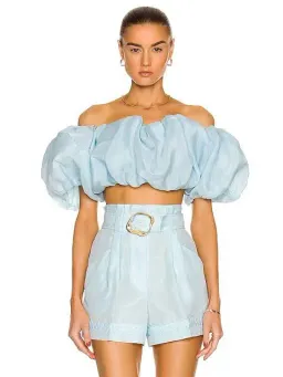Aje Riviera Off Shoulder Tube Silk Top & Braided Silk Short Set Ice Blue Size 8 for rent on The Volte - image 6
