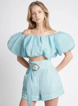 Aje Riviera Off Shoulder Tube Silk Top & Braided Silk Short Set Ice Blue Size 8 for rent on The Volte - image 2
