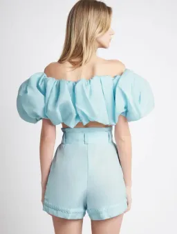 Aje Riviera Off Shoulder Tube Silk Top & Braided Silk Short Set Ice Blue Size 8 for rent on The Volte - image 3