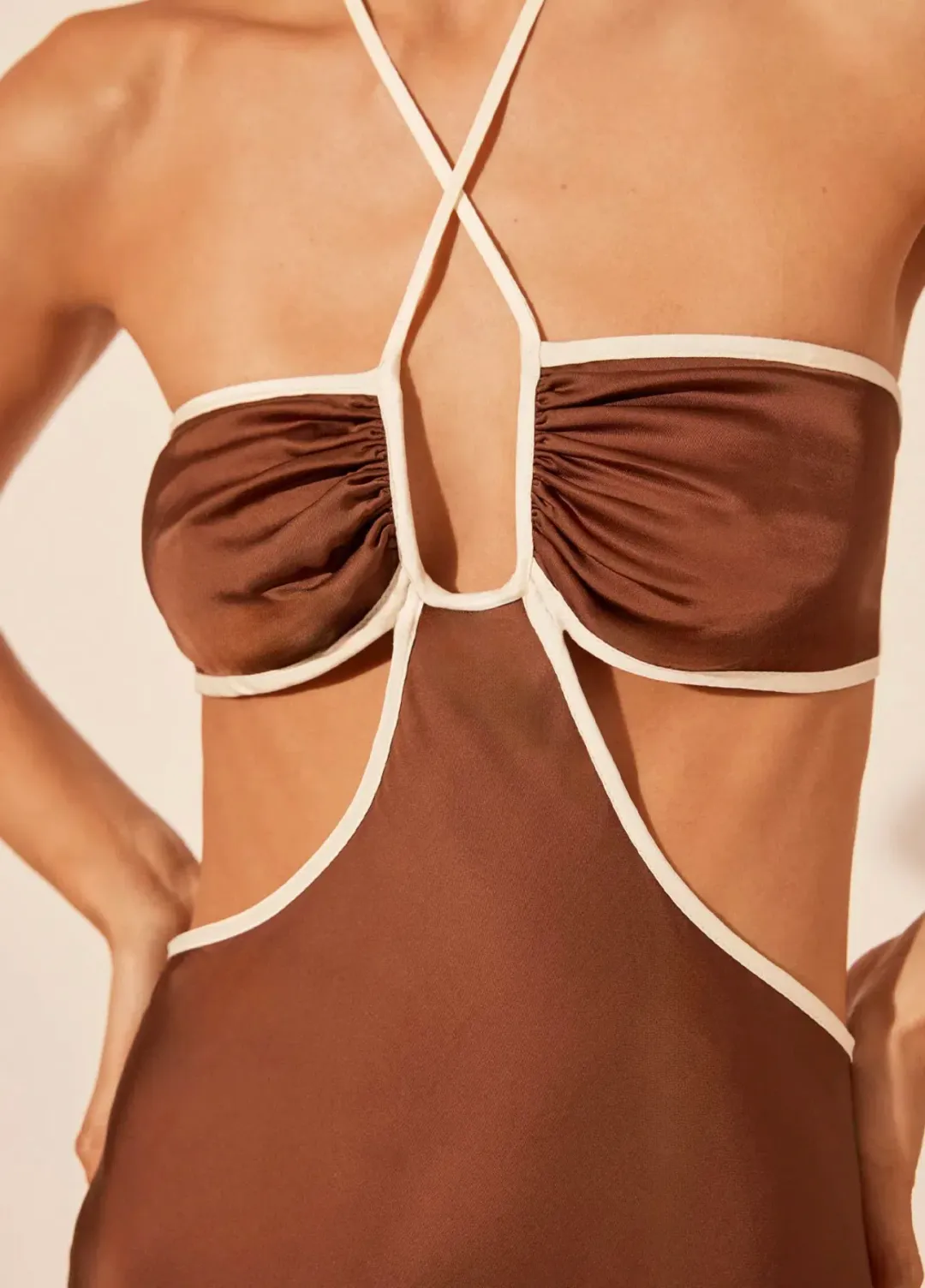 Shona Joy Contrast Halter Midi Dress Chocolate/Ivory Size 8 for rent on The Volte - main image