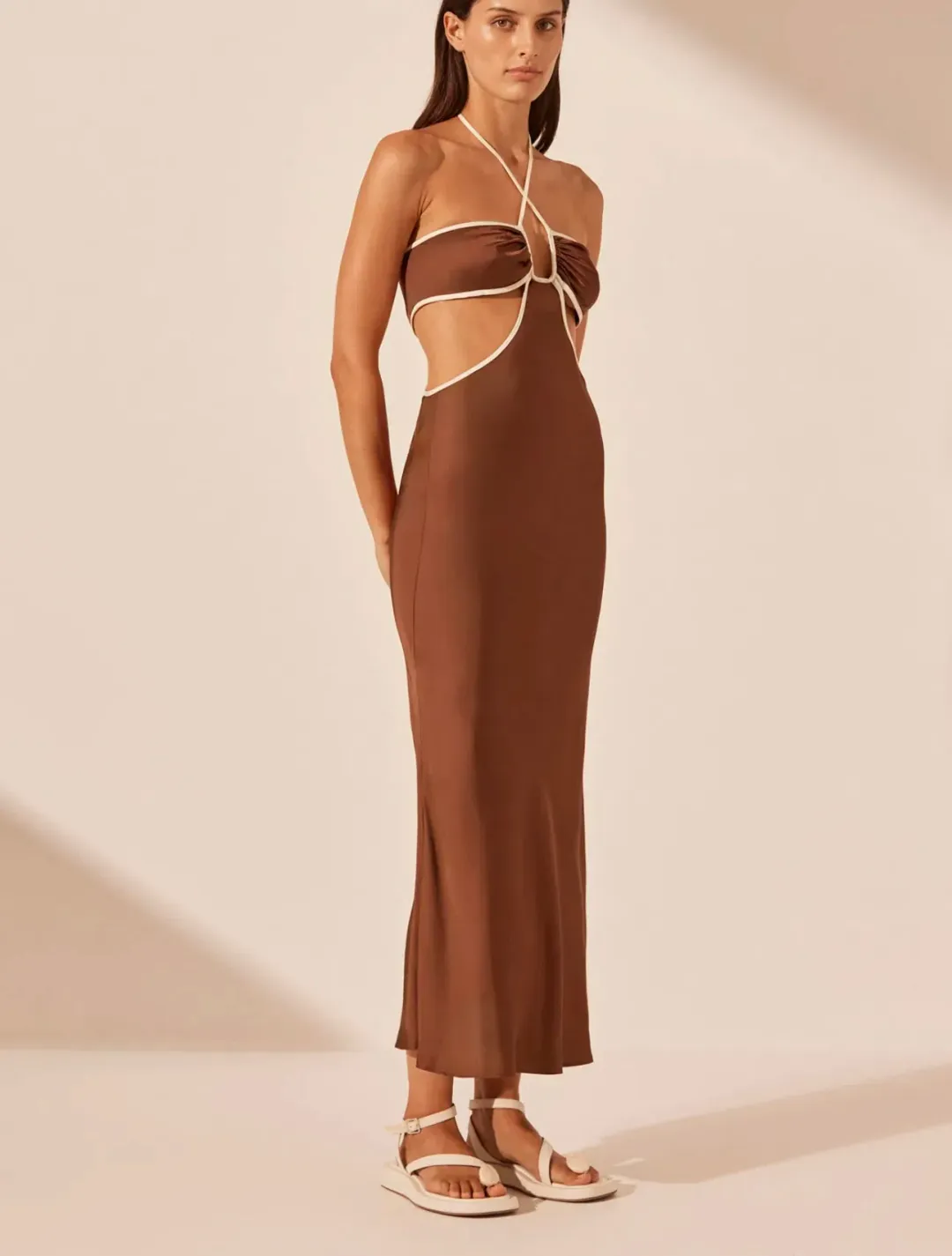 Shona Joy Contrast Halter Midi Dress Chocolate/Ivory Size 8 for rent on The Volte - main image