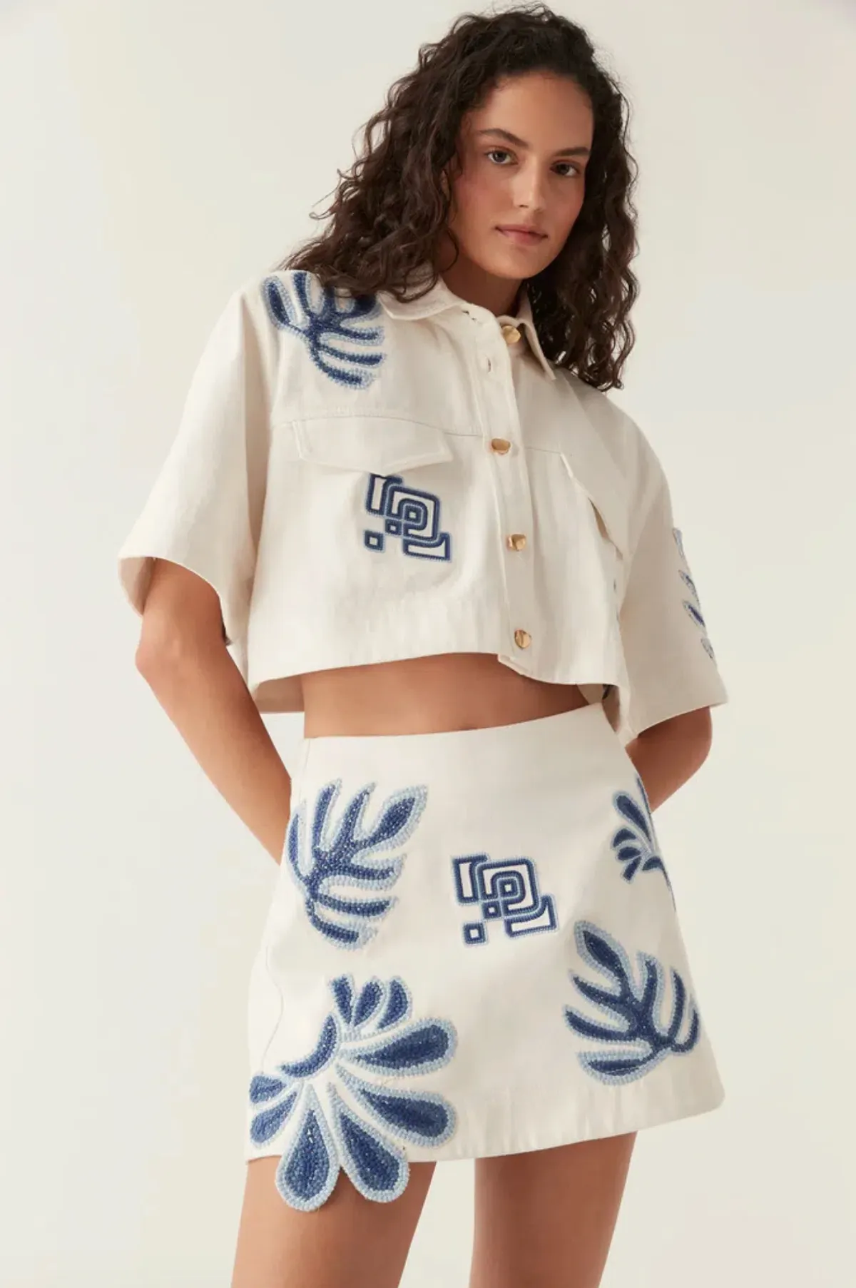 Aje Esprit Embroidered Skirt Size 10 and Top Size 6 Set Ivory-Blue - Image 3