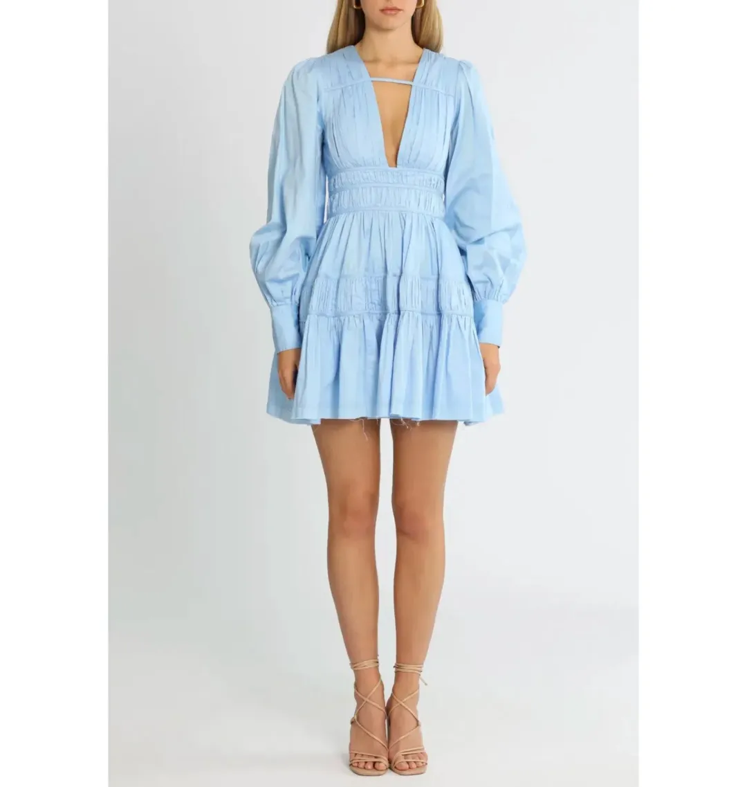 Aje Fallingwater Gathered Mini Dress in Powder Blue Size AU 8 for rent on The Volte - main image