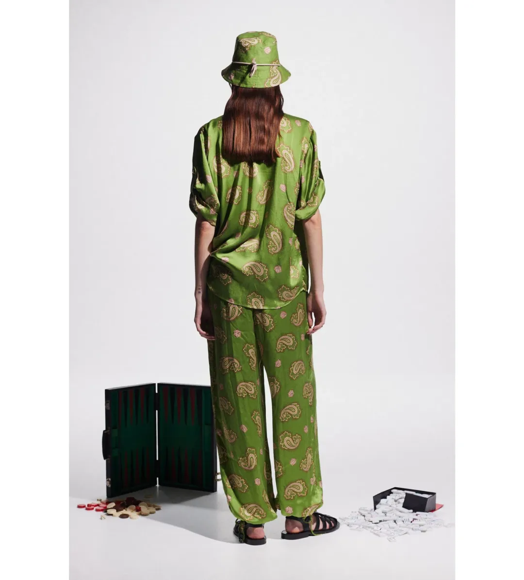 Alemais Dice Silk Shirt and Pant Set Green Size AU 14 for rent on The Volte - main image