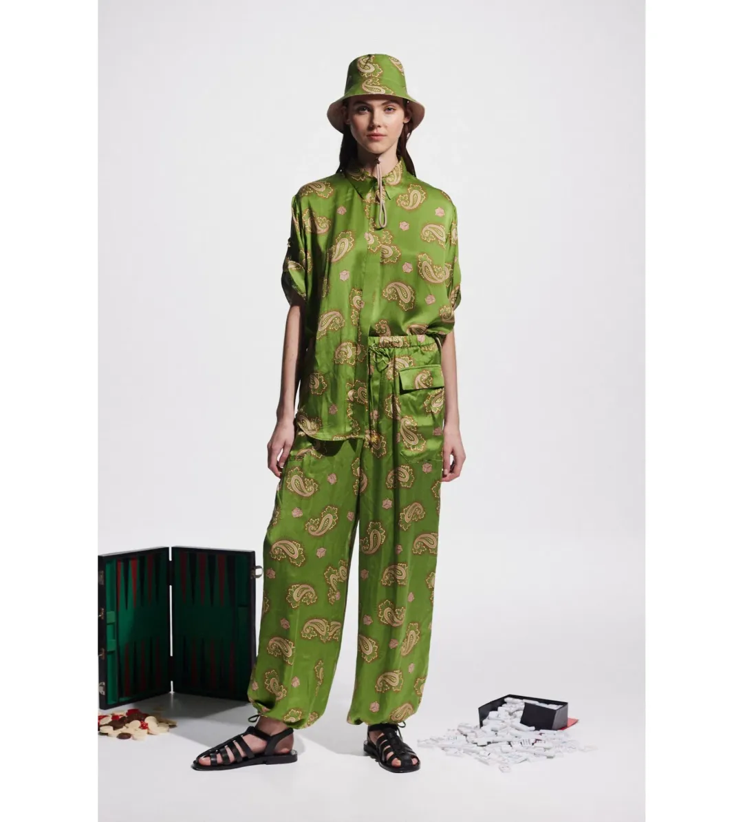 Alemais Dice Silk Shirt and Pant Set Green Size AU 14 for rent on The Volte - main image