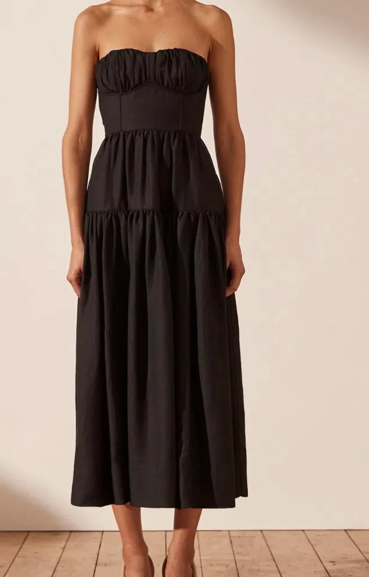 Morgan Strapless Ruched Midi Dress Size 6 for rent on The Volte - main image