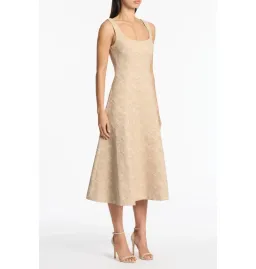 Carla Zampatti Summer Herringbone Fluted Midi Dress Beige Size AU 10 for rent on The Volte - image 2