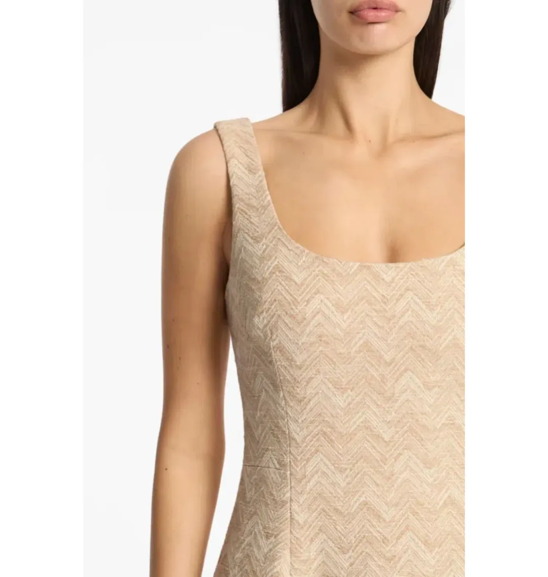 Carla Zampatti Summer Herringbone Fluted Midi Dress Beige Size AU 10 for rent on The Volte - main image