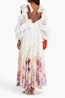 Zimmermann Prima Ruffled Laser Cut Gauze Gown Multi Floral Print Size 0 / AU 8 for rent on The Volte - image 2