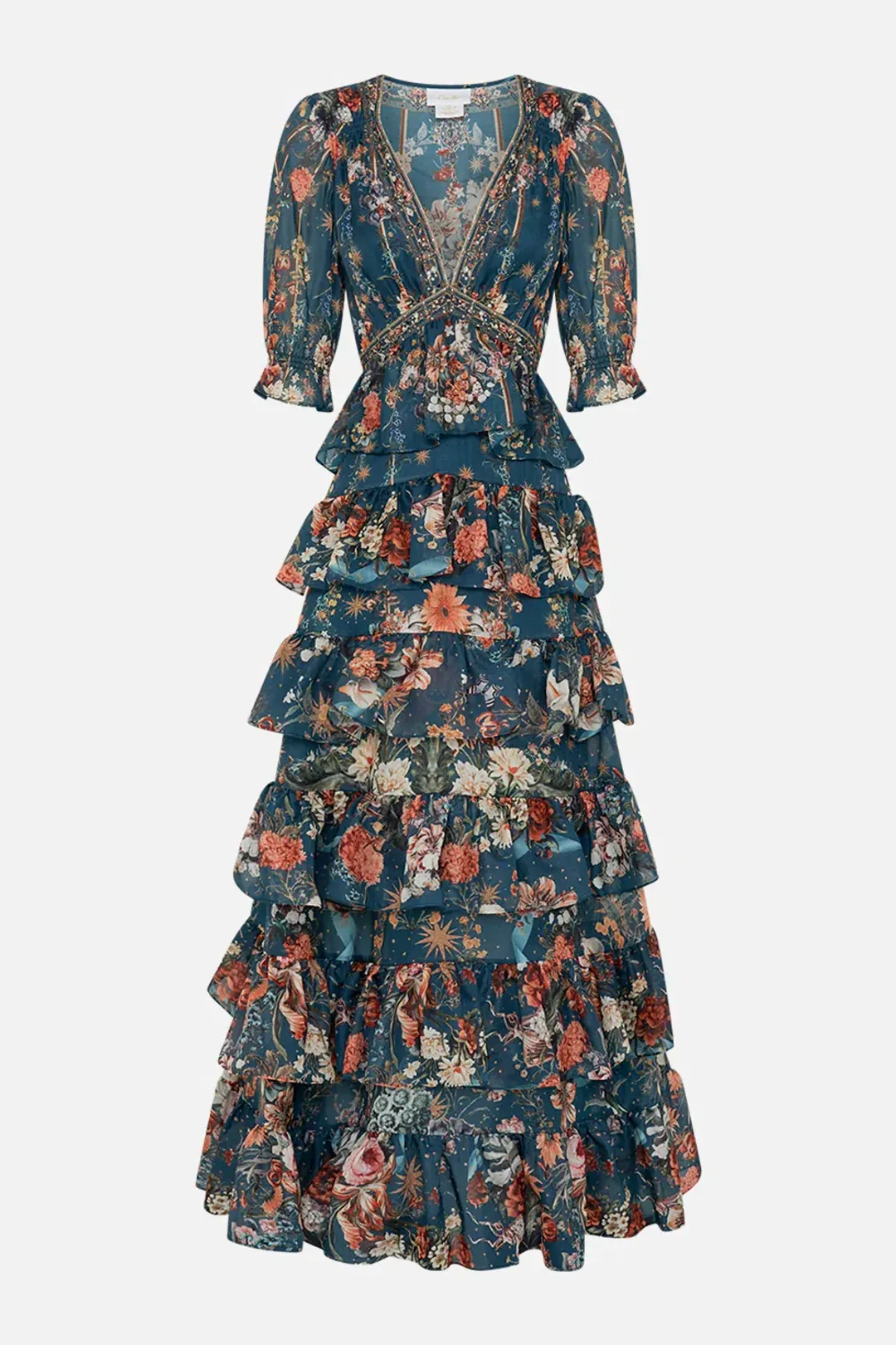 Camilla She Who Wears the Crown Puff Sleeve Tiered Long Dress Floral Size S (AU 10) for rent on The Volte - main image