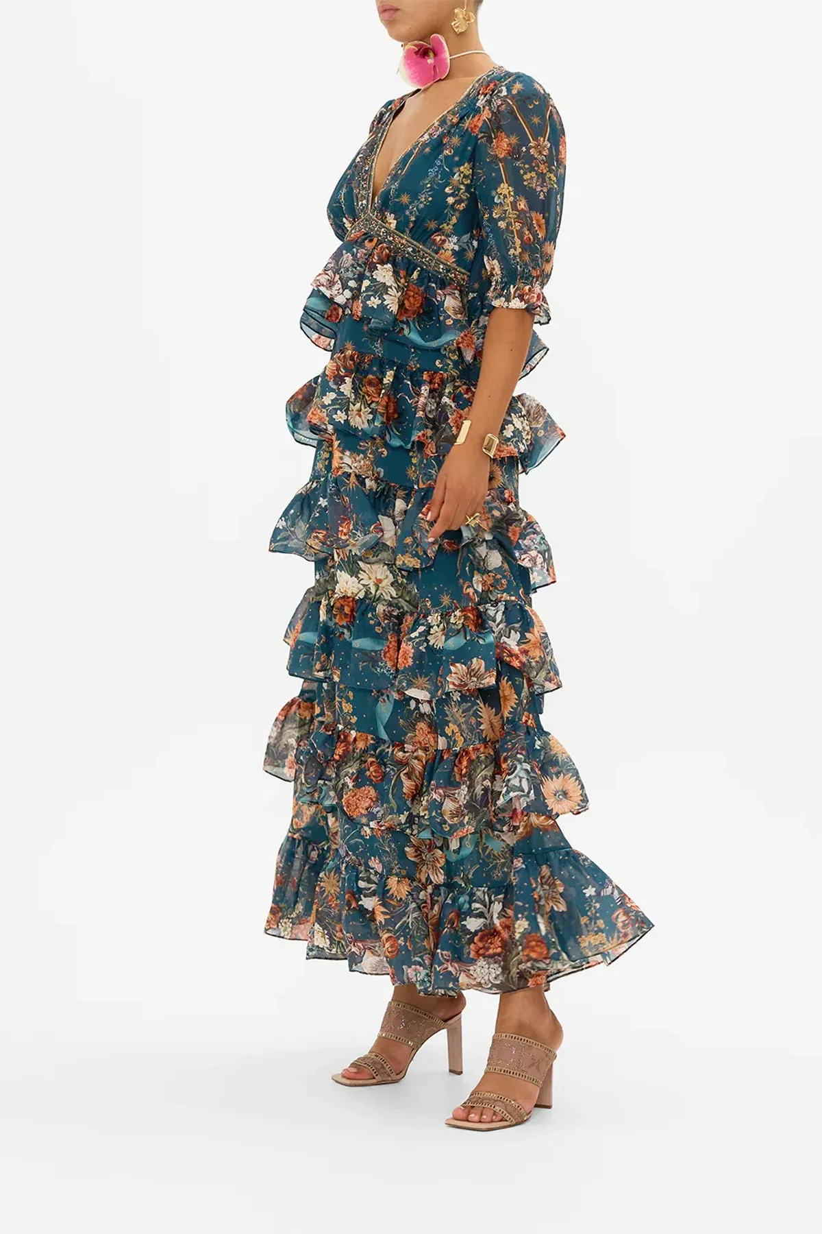 Camilla She Who Wears the Crown Puff Sleeve Tiered Long Dress Floral Size S (AU 10) - Image 2