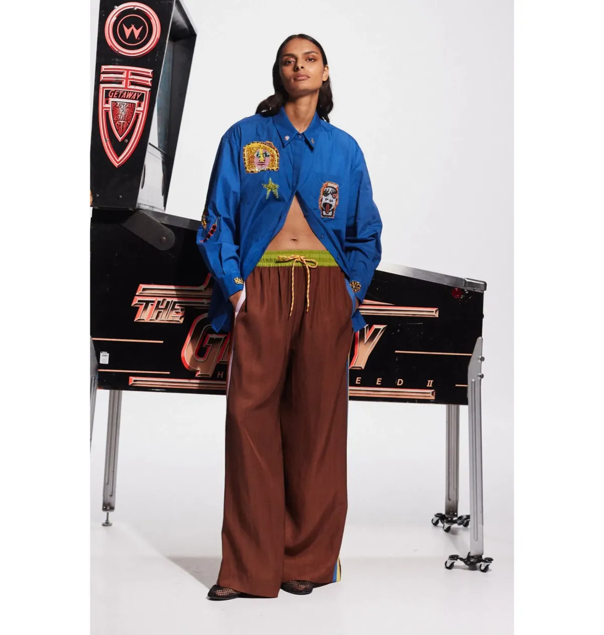 Alemais Players Embroidered Shirt Blue and Pants Ivory Set Size AU 16 for rent on The Volte - main image