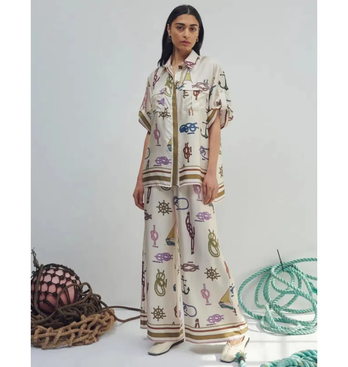 Alemais Ships Ahoy Silk Shirt Size AU 12 and Pants Size AU 14 Set Print - Image 1