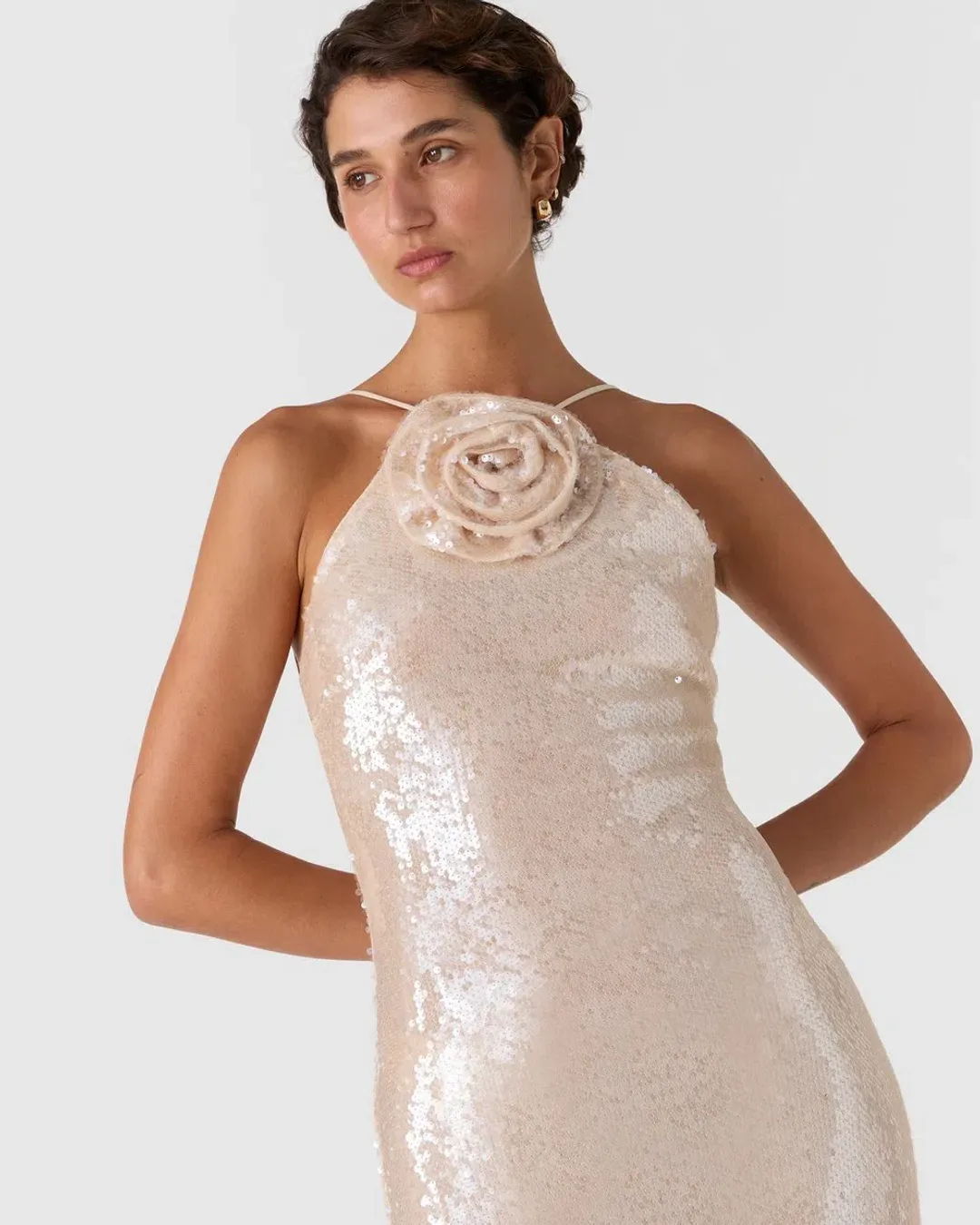 MISHA Allegra Sequin Maxi Dress Champagne Size 8 for rent on The Volte - main image