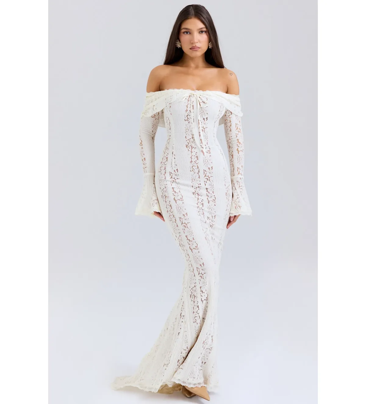 House of CB Belle Lace Off Shoulder Maxi Dress Vintage Cream Flora Size XS/Au 6 - Image 3