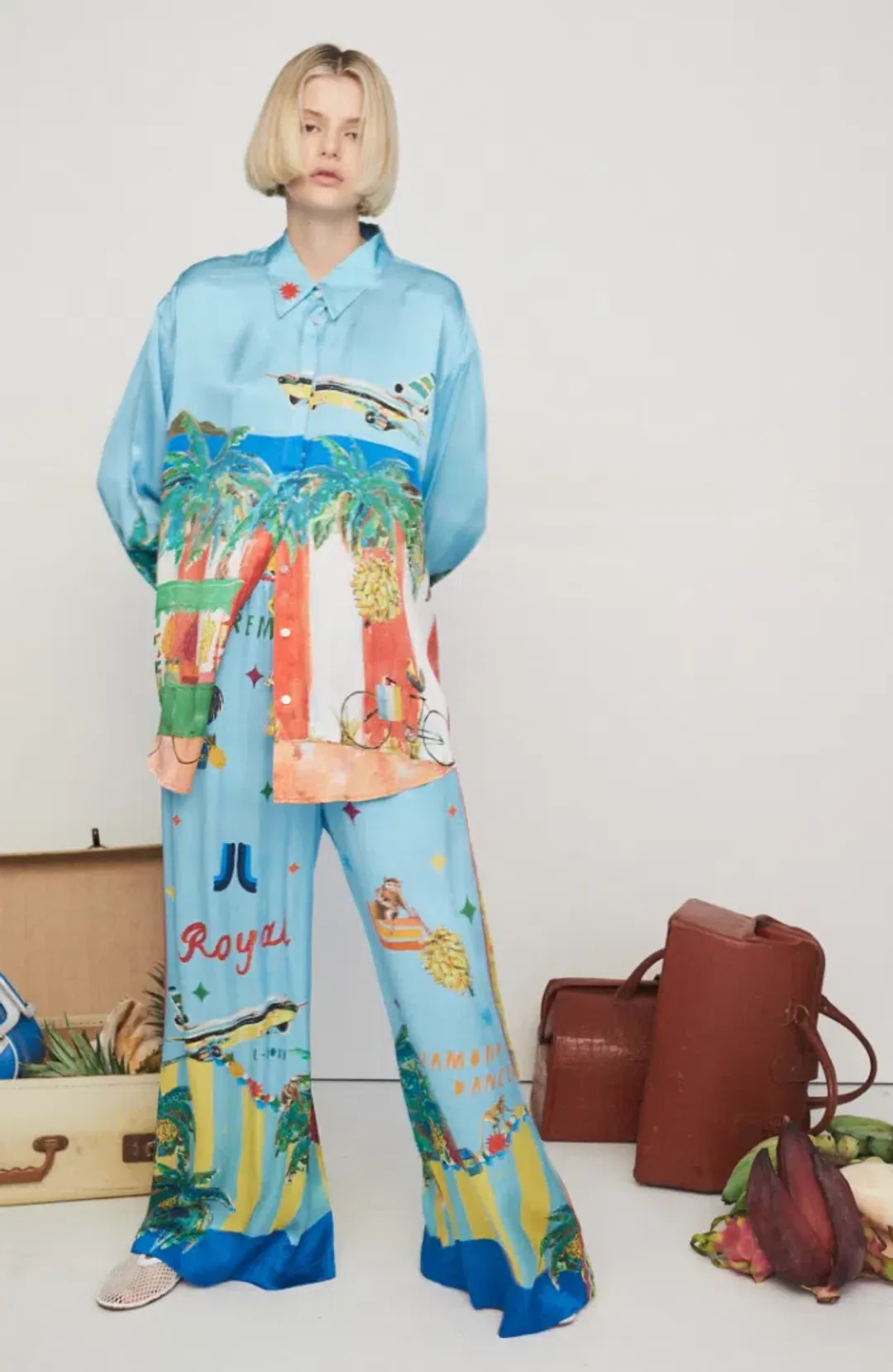 ALEMAIS ALL ABOARD SILK SHIRT AND PANTS SET S6-8 for rent on The Volte - main image
