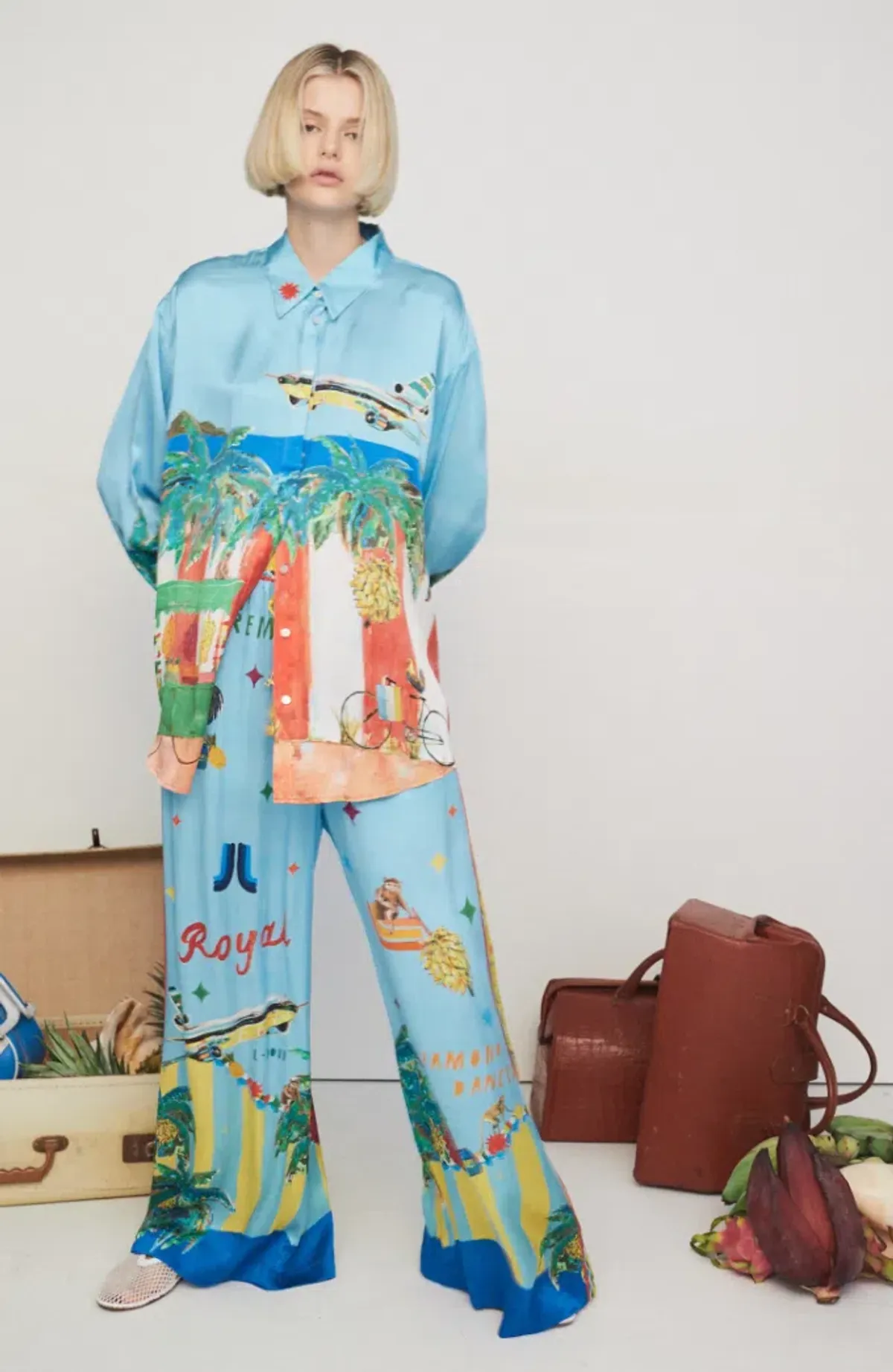 ALEMAIS ALL ABOARD SILK SHIRT AND PANTS SET S6-8 for rent on The Volte - main image