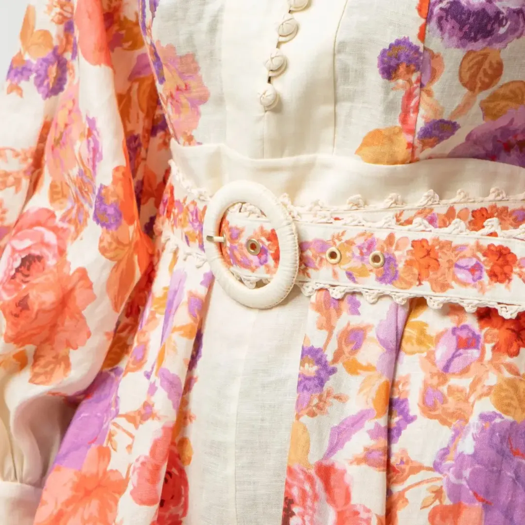 Zimmermann Raie Billow Sleeve Midi Dress Red/Purple Floral Size 10 for rent on The Volte - main image