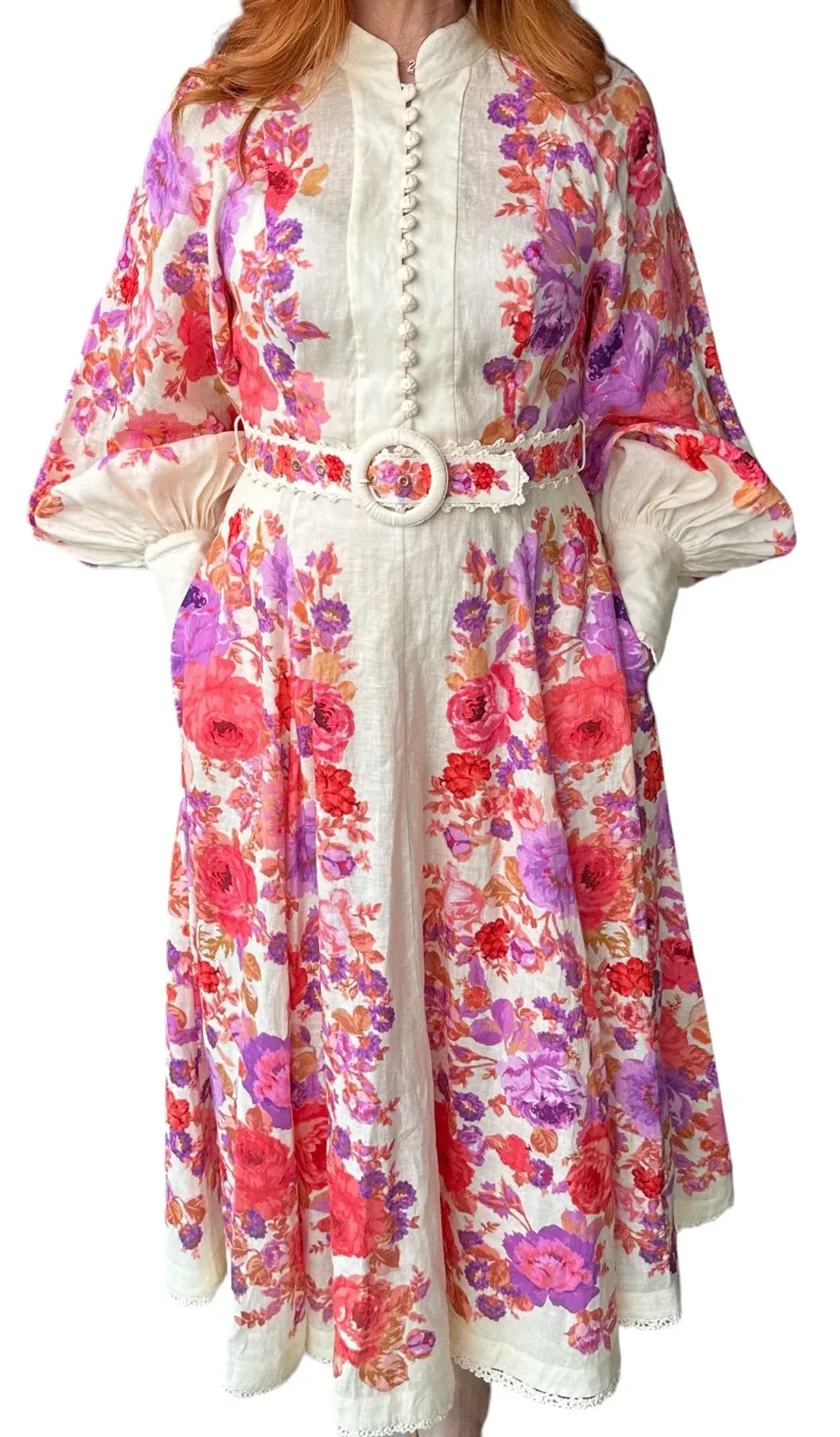 Zimmermann Raie Billow Sleeve Midi Dress Red/Purple Floral Size 10 for rent on The Volte - main image