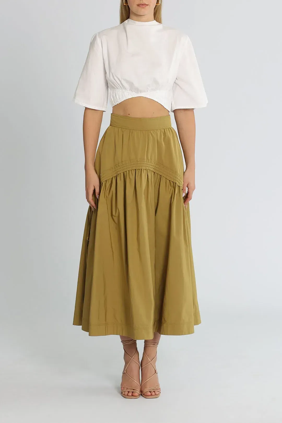 Aje Cosmos Drawstring Midi Skirt in Olive Green Size 10 for rent on The Volte - main image