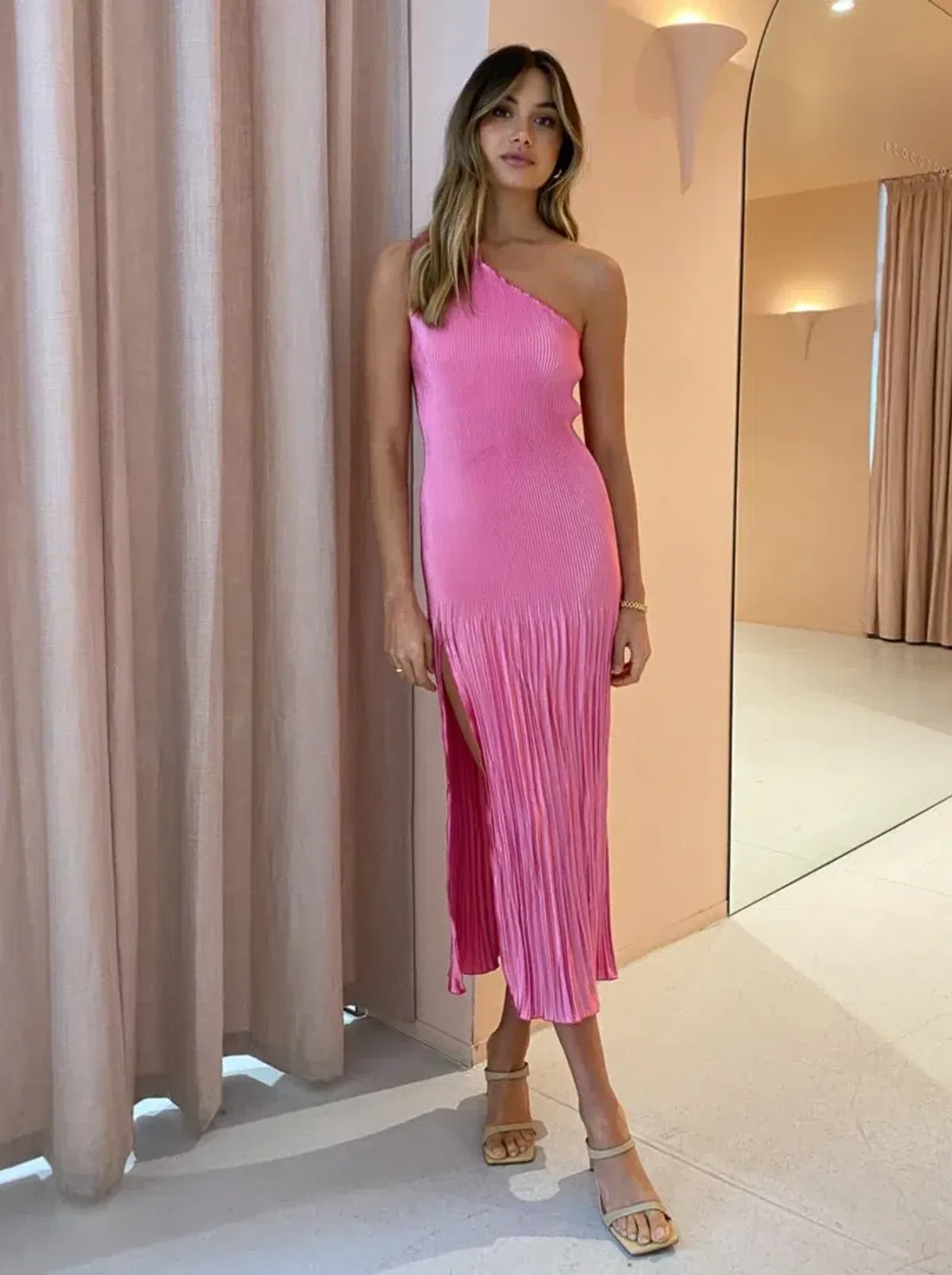 L'idee Soiree One Shoulder Midi Dress in Hot Pink Size 10 - Image 1