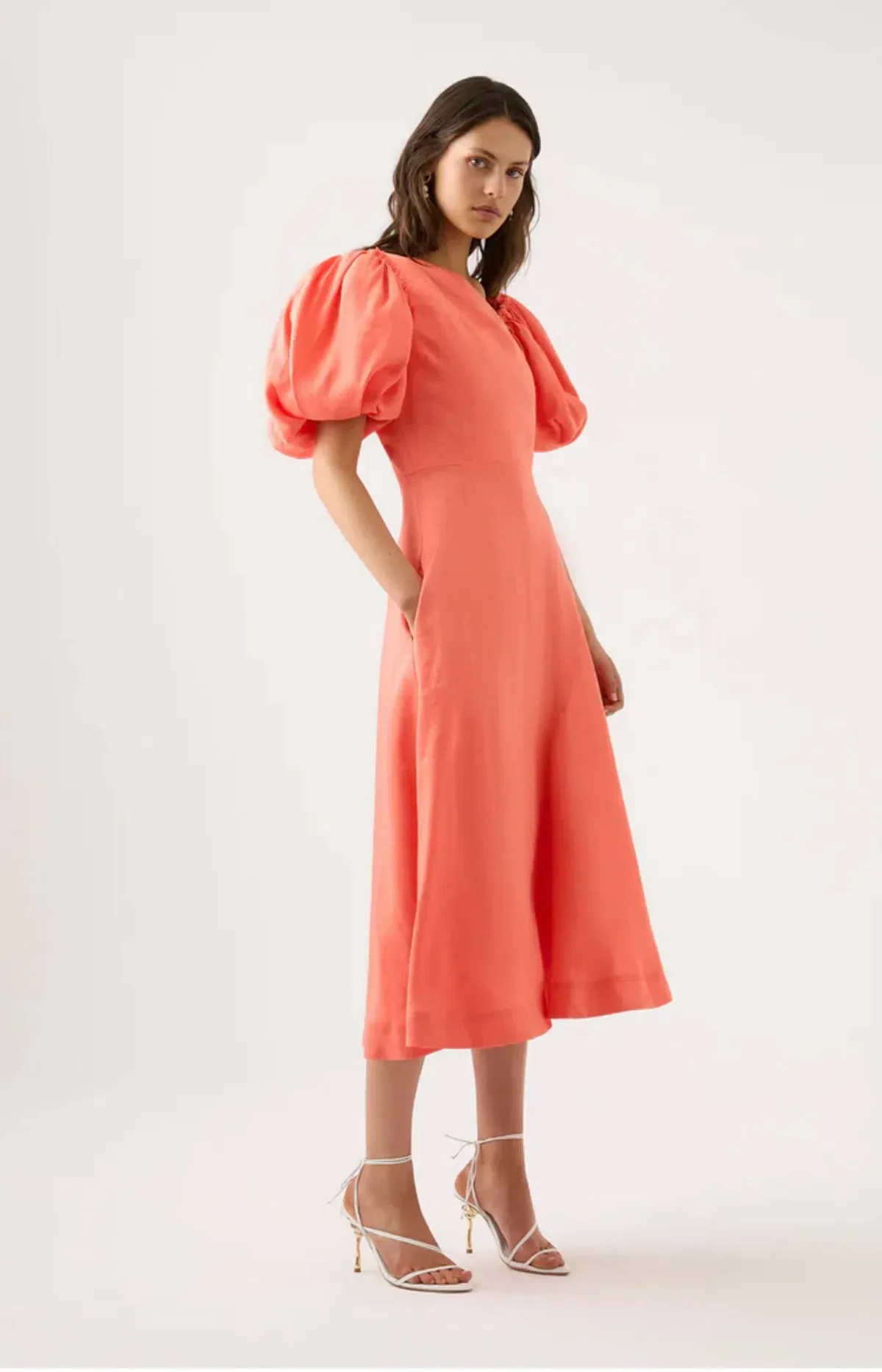 AJE Maia Off Shoulder Midi Dress Coral Orange Size 16 - Image 3