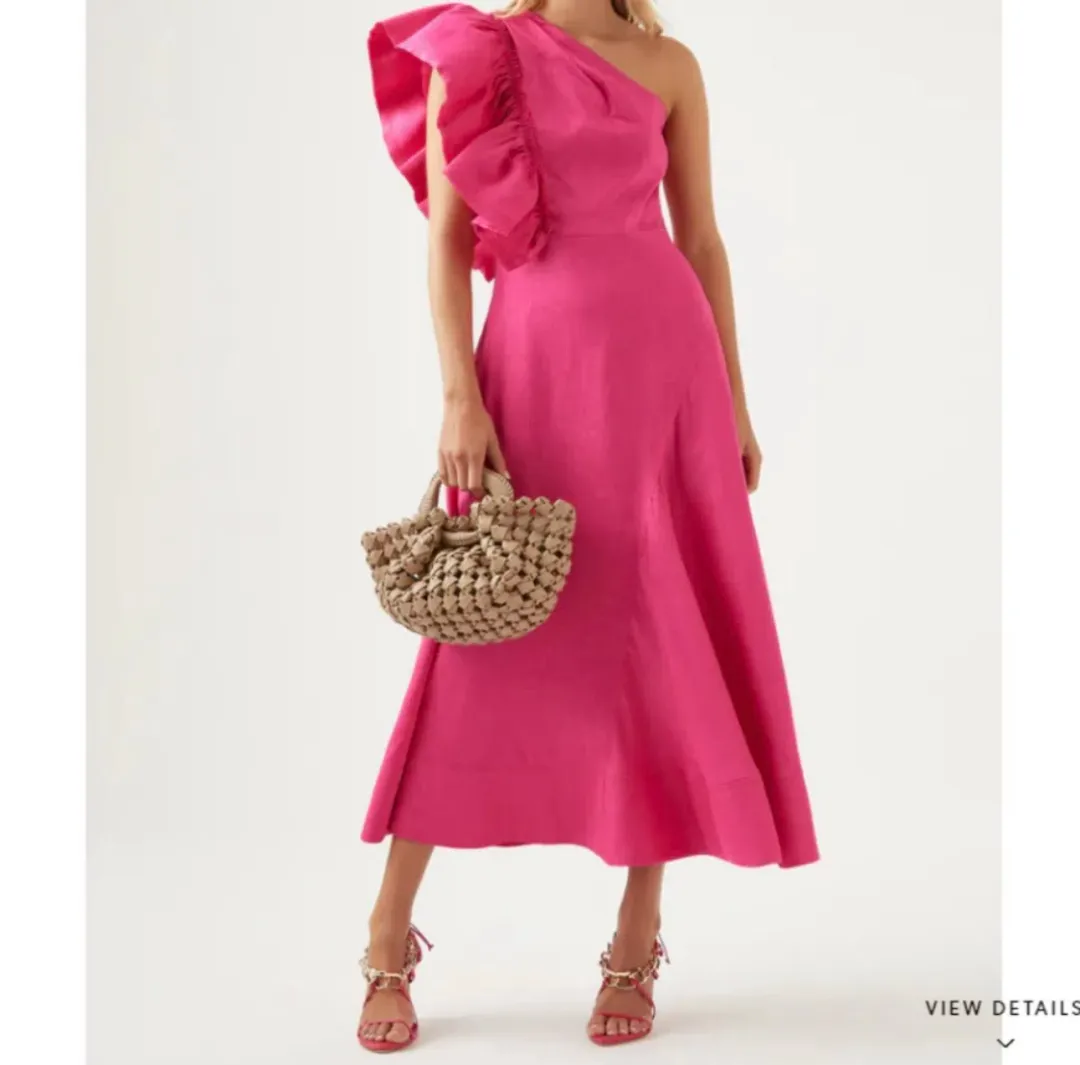AJE Bonjour Asymmetric Midi Dress Fuschia Pink Size 16 for rent on The Volte - main image