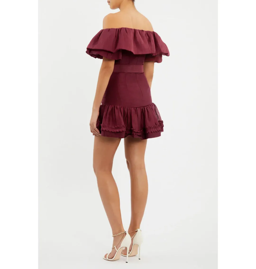 Rebecca Vallance Bordeaux Off Shoulder Mini Dress Burgundy Size AU 12 for rent on The Volte - main image
