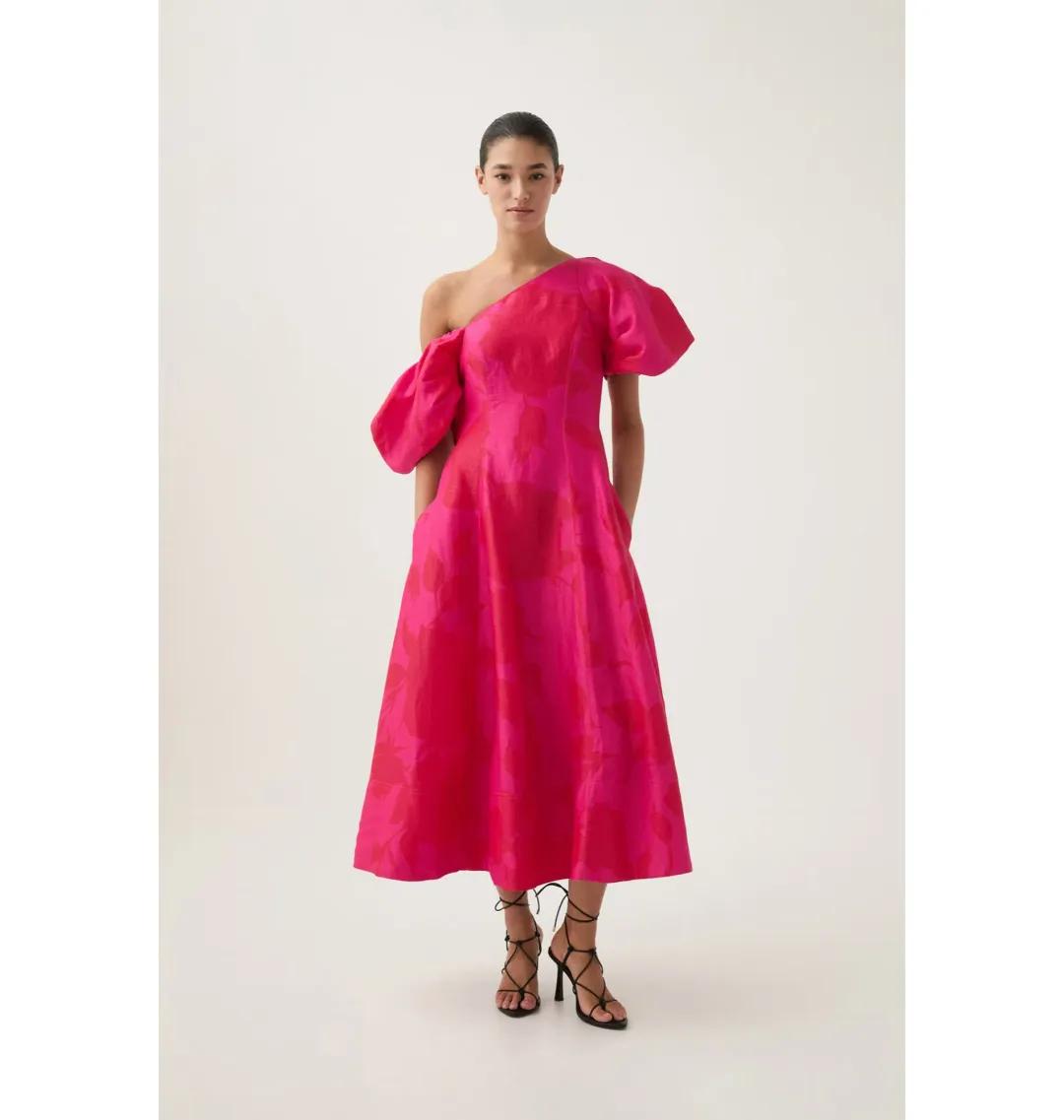 Aje Arista Tulip Sleeve Midi Dress Florescent Rose Pink Size AU 12 for rent on The Volte - main image