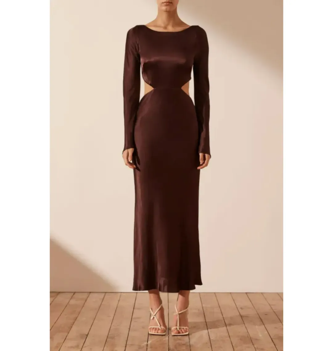 Shona Joy Lana Long Sleeve Open Back Midi Dress Cocoa Size AU 8 for rent on The Volte - main image
