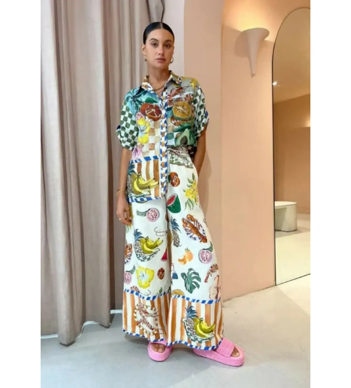 Alemais Theo Shirt and Pant Set Ivory Print Size AU 16 for rent on The Volte - main image
