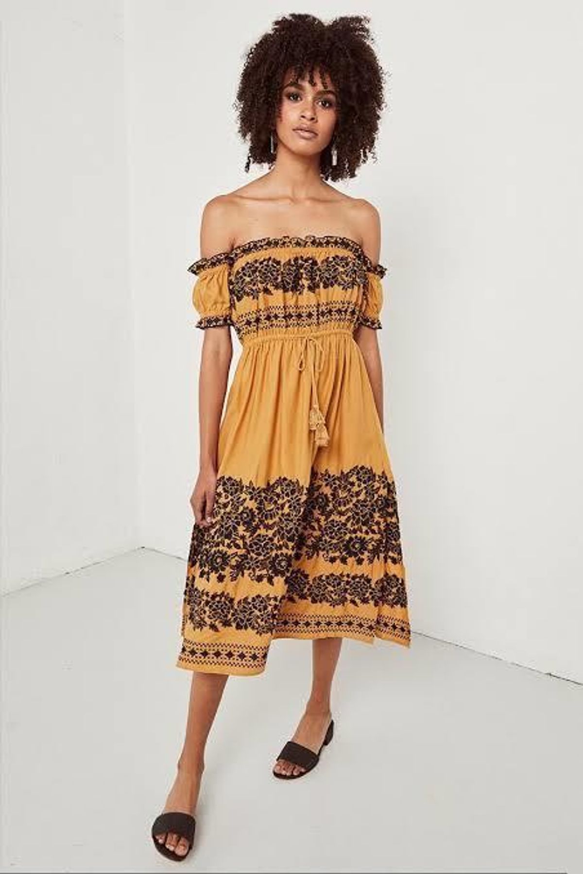 Spell & the Gypsy Collective Venus Off Shoulder Mid Dress Yellow Size 12 for rent on The Volte - main image