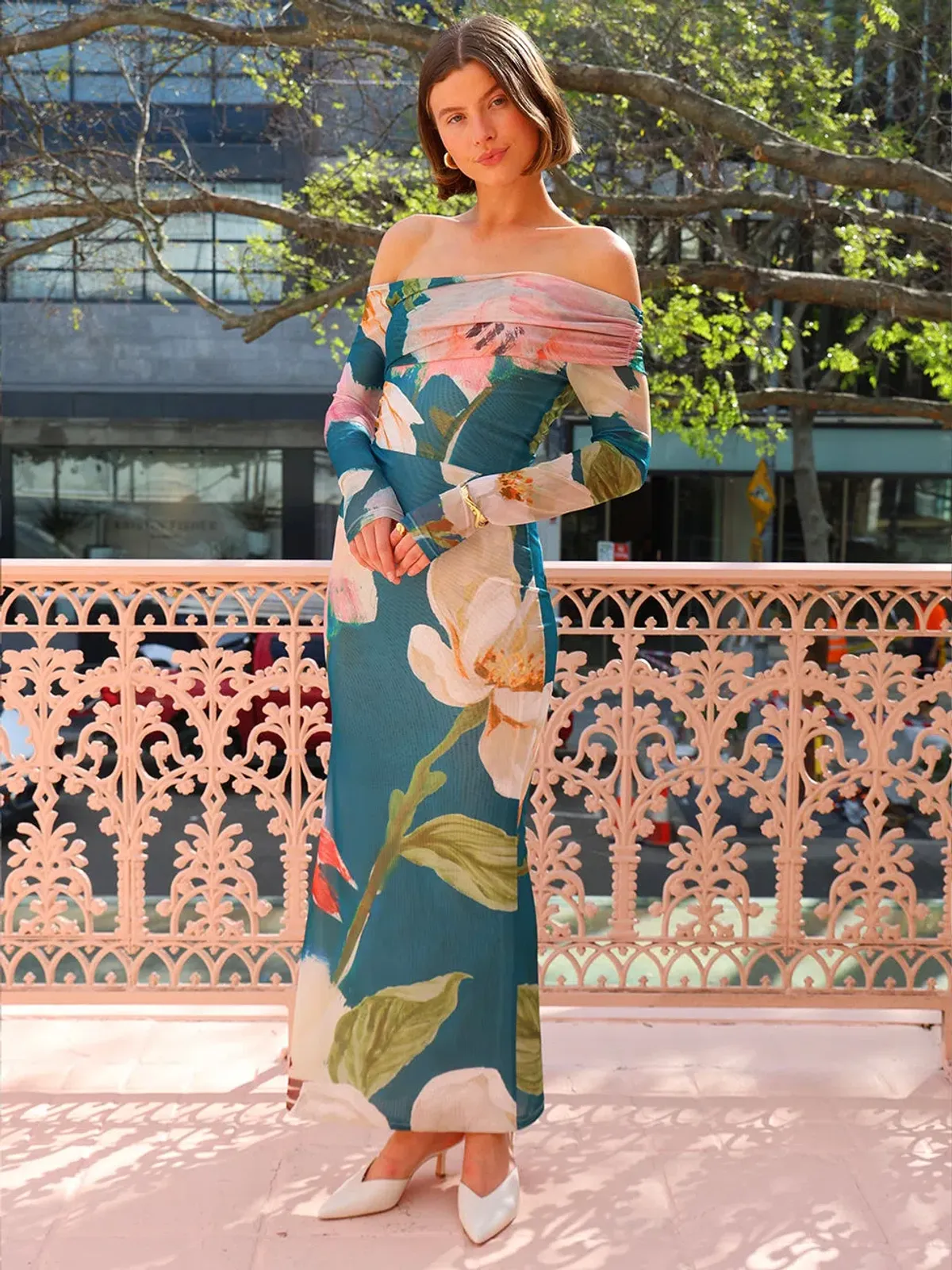 By Nicola Paloma Off Shoulder Mesh Dress Pine Green Floral Print Size 10 for rent on The Volte - main image