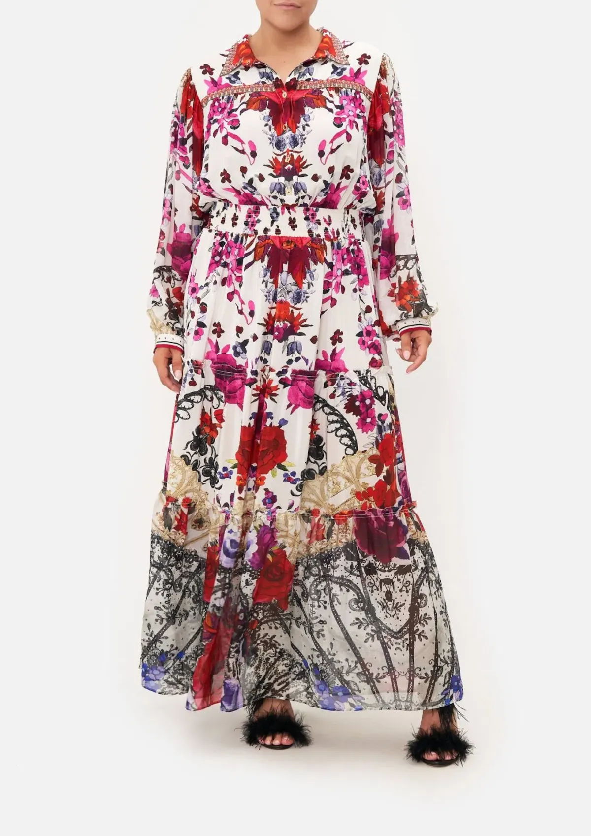 Camilla Button Through Tiered Maxi Dress Reign of Roses Print Size XL / AU 16 for rent on The Volte - main image