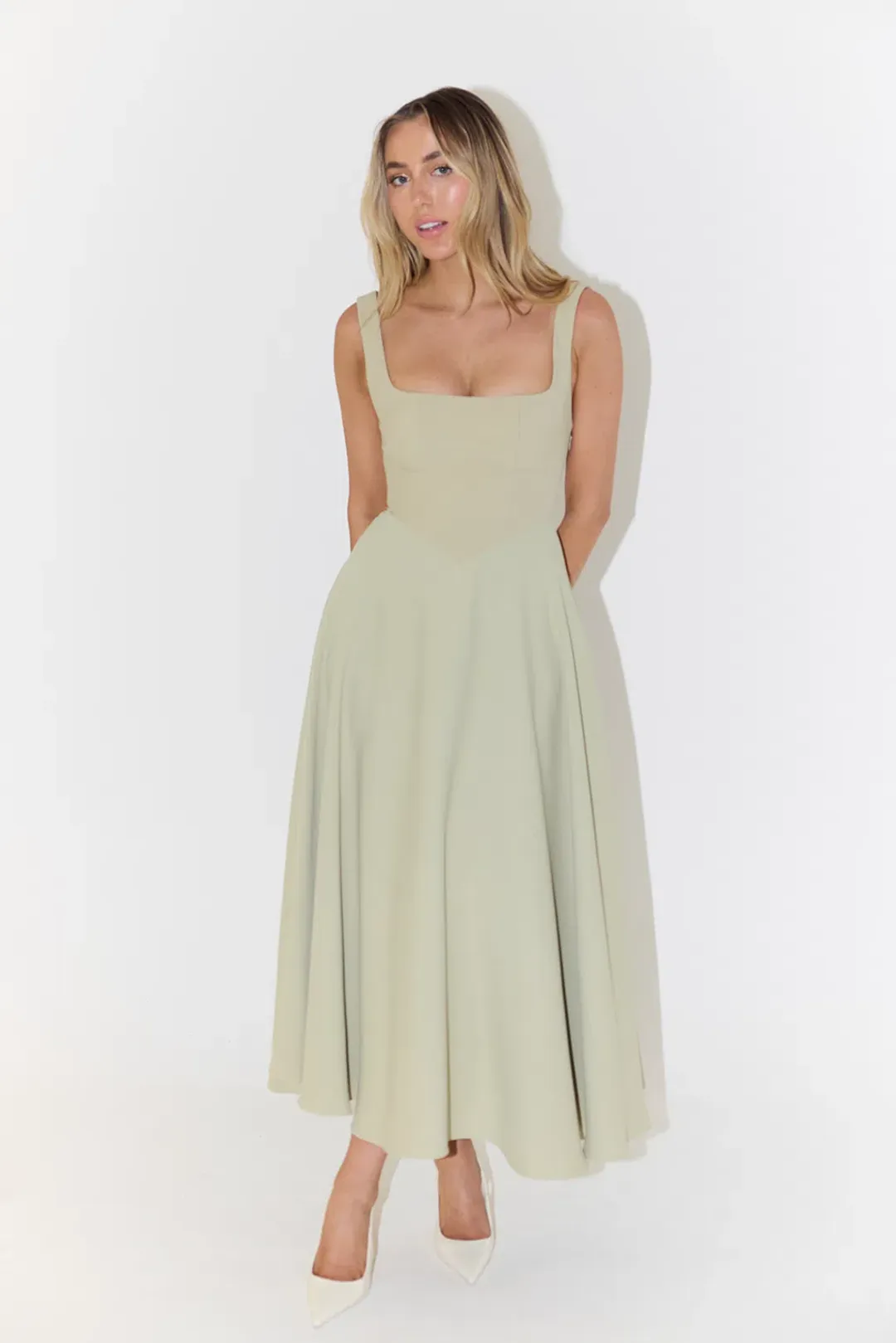 Odd Muse The Ultimate Muse High Waist Square Neck Midi Dress Sage Size 10 for rent on The Volte - main image