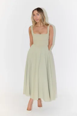 Odd Muse The Ultimate Muse High Waist Square Neck Midi Dress Sage Size 10 for rent on The Volte - image 1