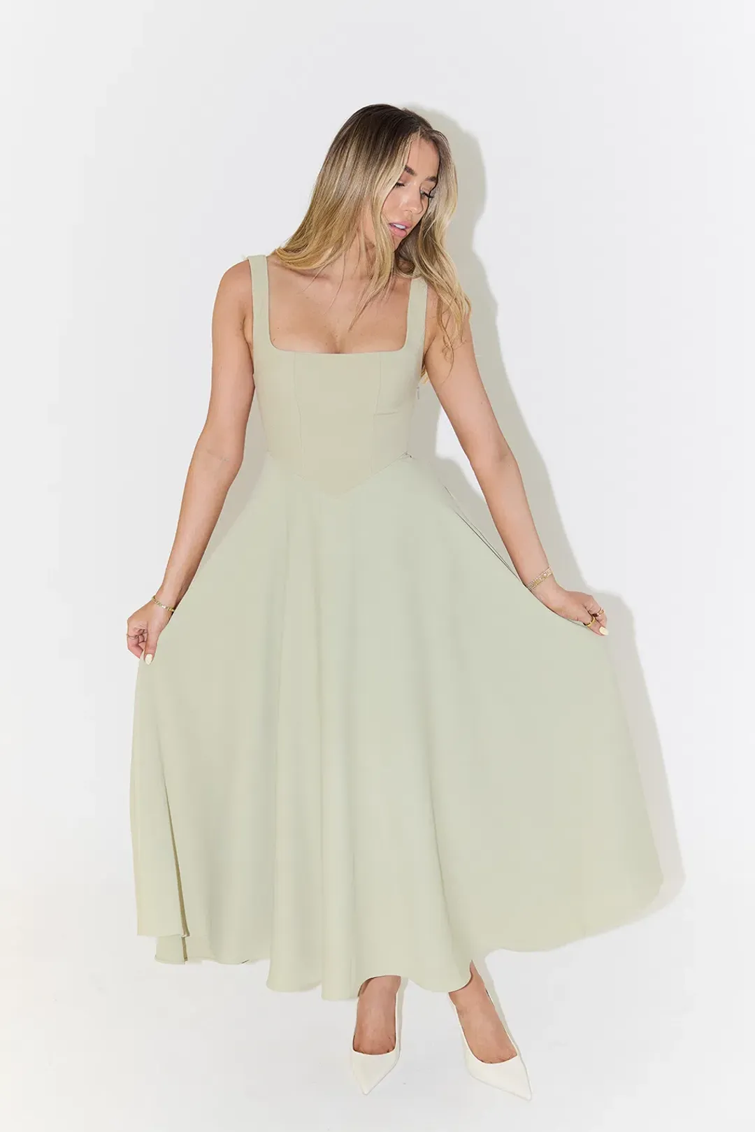 Odd Muse The Ultimate Muse High Waist Square Neck Midi Dress Sage Size 10 for rent on The Volte - main image