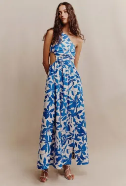 Shona Joy Bleue Asymmetrical Cut Out Maxi Dress Ivory/Aqua Print Size 12 for rent on The Volte - image 6