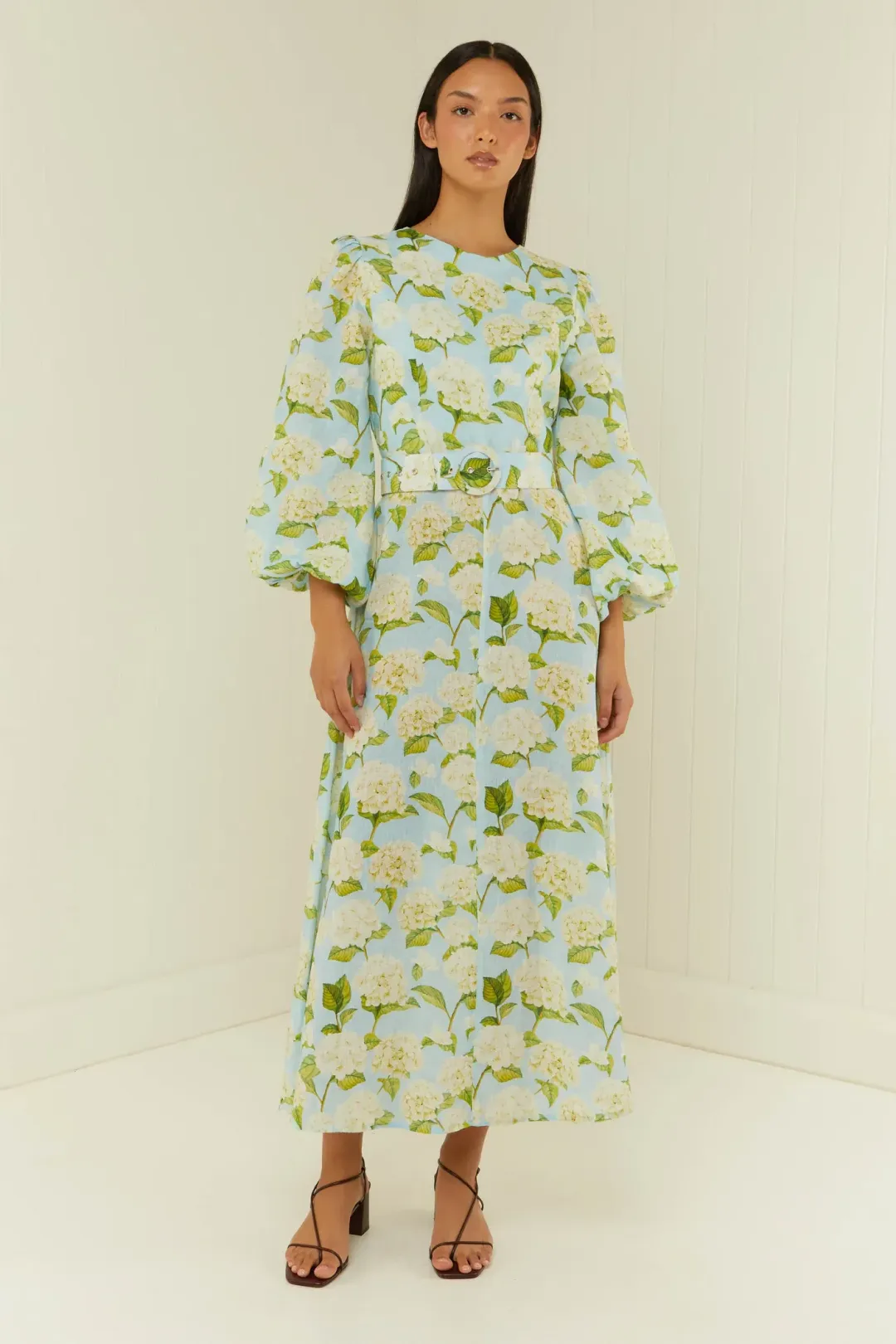 Palm Noosa Melrose Midi Dress Blue Hydrangea Floral Print Size 10 for rent on The Volte - main image