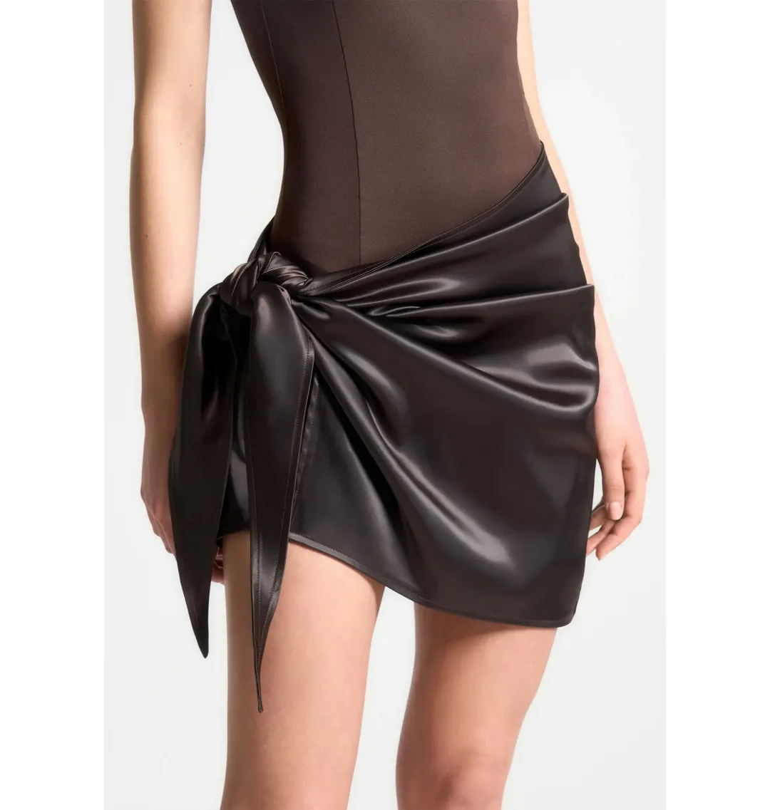 Maniere De Voir Neoprene & Satin Wrap Bodycon Dress Brown Size AU 8 for rent on The Volte - main image