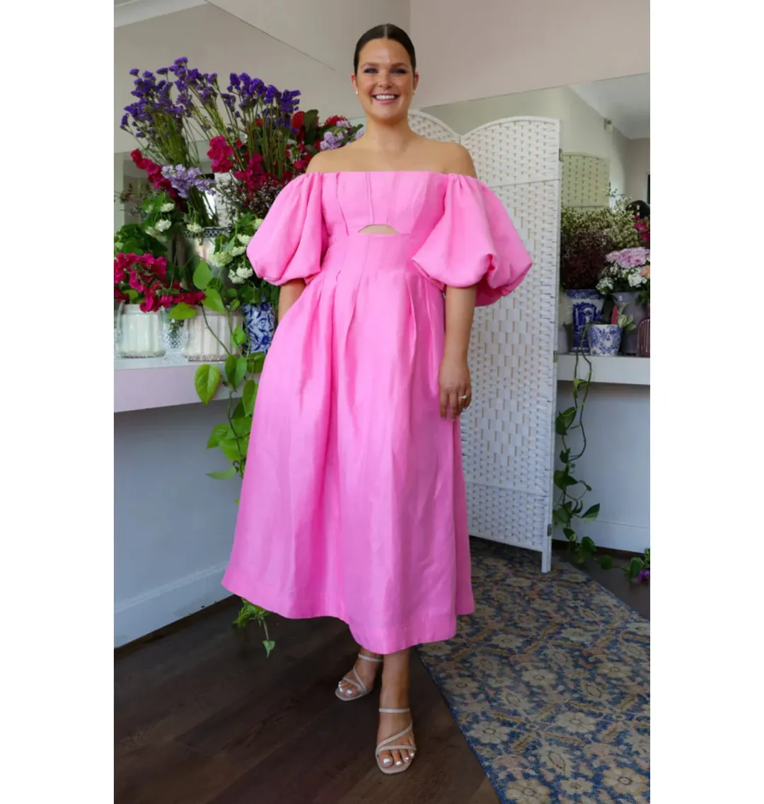 Aje Eugenie Off Shoulder Midi Dress Pink Size AU 14 for rent on The Volte - main image