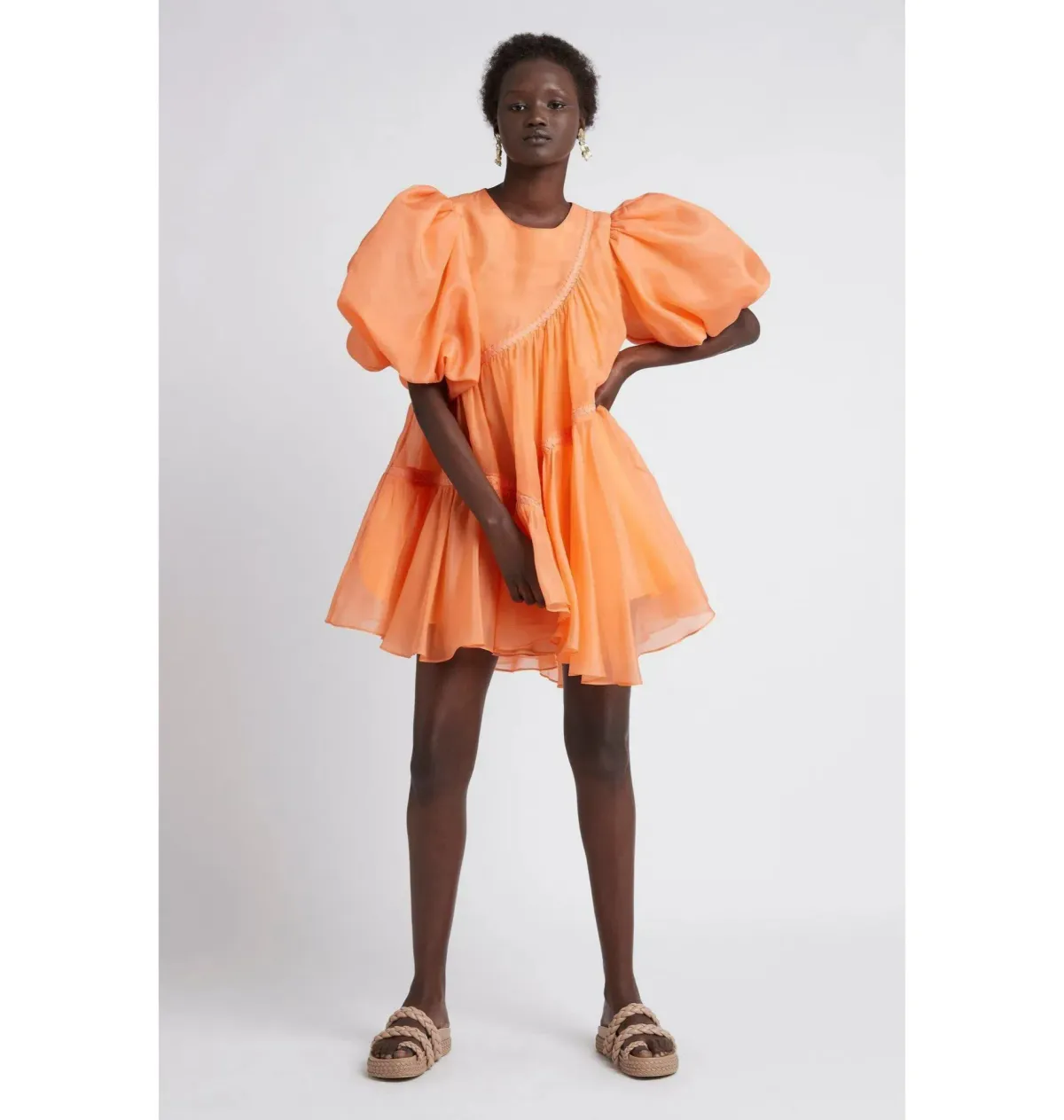 Aje Riviera Asymmetric Braided Puff Sleeve Mini Smock Dress Mandarin Orange Size AU 8 - Image 1