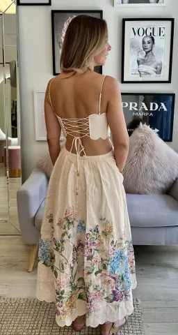 Zimmermann Halliday Scallop Midi Dress Cream Watercolour Floral Size 1 / AU 10 for rent on The Volte - image 4