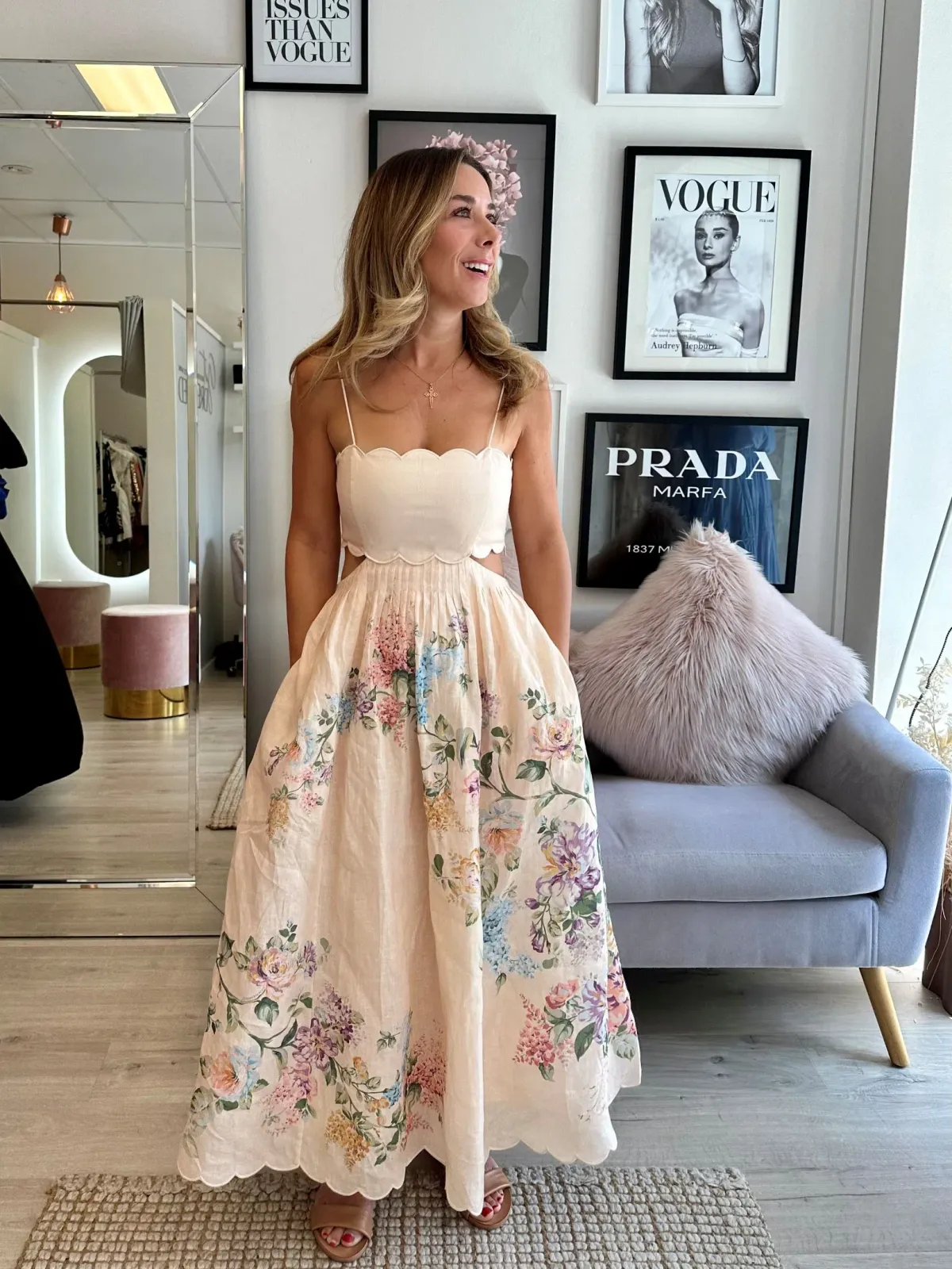 Zimmermann Halliday Scallop Midi Dress Cream Watercolour Floral Size 1 / AU 10 - Image 2