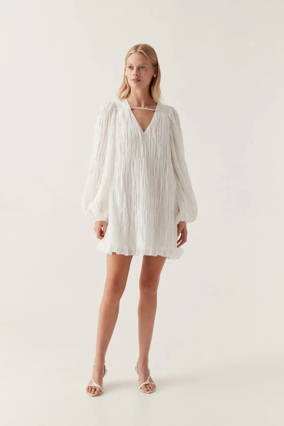 Aje Evelina Ruched Mini Dress in Ivory Size 8 for rent on The Volte - main image